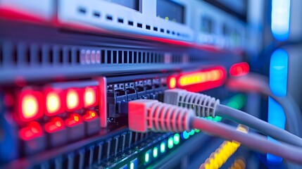 Poster - Close-up of network cables connected to a server, illuminated by colorful LED lights, showcasing modern technology in action.