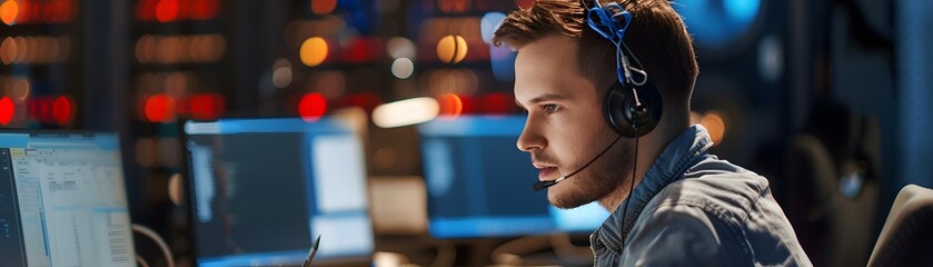 Poster - focused individual working at a computer with headset in a modern tech environment, showcasing dedic