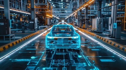 Poster - Futuristic car design in a high-tech factory, showcasing innovative technology and automated manufacturing processes.