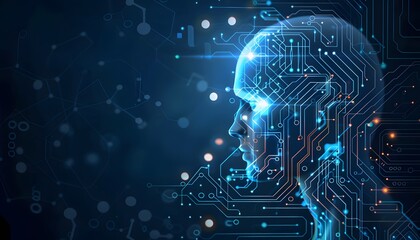 Poster - Futuristic digital human head with circuit design, symbolizing artificial intelligence and technology integration.