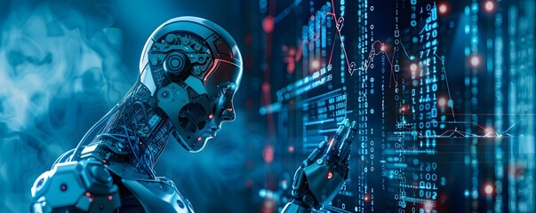 Poster - futuristic robot interacts with a digital interface, symbolizing advanced technology and artificial 