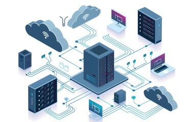 Poster - Modern data center network connecting cloud, server, and computer for streamlined digital operations and efficient data management.