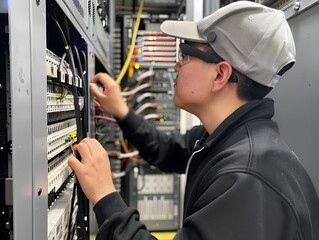 Poster - Technician adjusting network cables and equipment in a server room, showcasing modern technology and data management.
