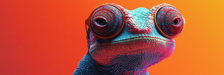 Sticker - A chameleon with round glasses stares intently at the camera.