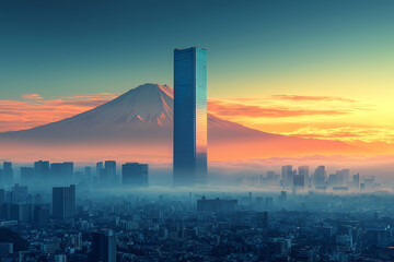 Poster - a skyscraper fading into the silhouette of a mountain, illustrating the harmony between urban develo