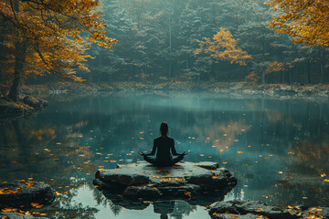 Poster - A serene scene of a person meditating by a still, reflective pond, with the surrounding nature mirrored in the water, representing inner peace and harmony.