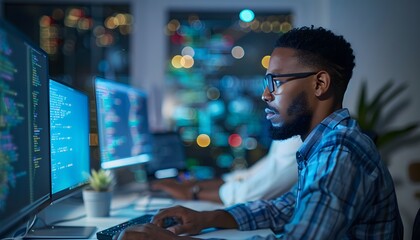 Poster - A focused programmer works at a computer in a modern office, surrounded by colorful screens and vibrant city lights.