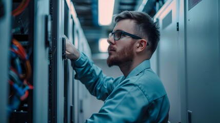 Poster - A focused technician working on server equipment in a modern data center, adjusting cables and ensuring optimal performance.