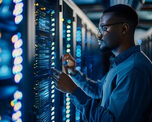 Poster - A focused technician works on a data server in a modern data center, surrounded by glowing LED lights and advanced technology.