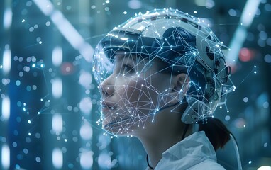 Poster - A futuristic scientist explores digital data connections, showcasing innovation and technology in a high-tech environment.