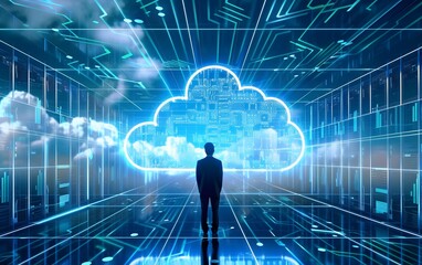 Poster - A person stands before a glowing cloud, symbolizing digital transformation and innovation in a futuristic environment.