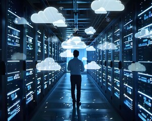 Poster - A person stands in a server room, surrounded by digital clouds, indicating cloud computing and technology integration.