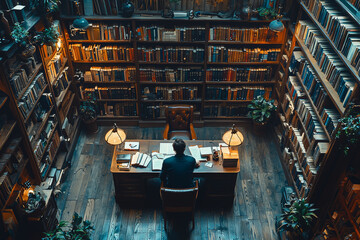 A quiet library with a person sitting alone at a desk, surrounded by shelves of books, symbolizing the introspective journey through knowledge and self-discovery.