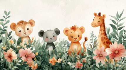 Wall Mural - Cute watercolor illustration of a lion, giraffe, and two bears surrounded by flowers.