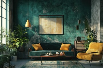 Trendy hipster interior, mix of vintage and modern elements, vibrant colors and unique decor, gentle ambient lighting.