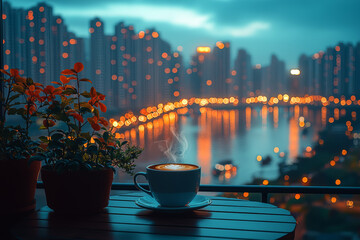 Wall Mural - A person sipping coffee on a balcony with a city skyline view, symbolizing urban lifestyle and relaxation.