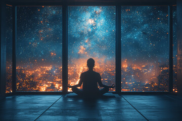 Poster - a person sitting in a meditation pose in front of a window with a view of a starry night, symbolizin