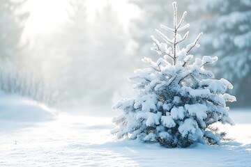 Canvas Print - Snowy pine tree in a winter forest with sun shining through the branches.