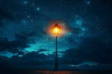 Poster - a glowing streetlamp fading into a constellation of stars, representing the fusion of urban life and