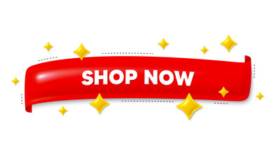 Poster - Red ribbon banner with 3d stars. Shop now. Special offer price sign. Sale discounts symbol. Shop now ribbon message. Flag frame banner with star. Label badge template. Vector