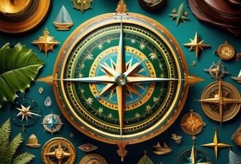vibrant compass design featuring unique travel symbols icons adventure exploration, aesthetic, art, 