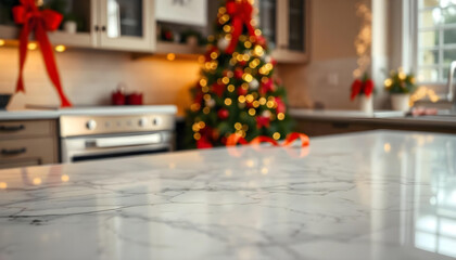 Wall Mural - Marble tabletop with bokeh background of luxury kitchen with christmas decoration