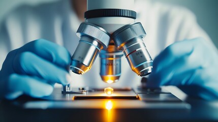 Poster - Close-up of a Microscope Lens with Gloved Hands