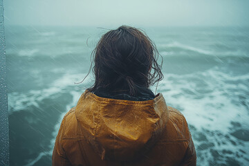 Wall Mural - A contemplative scene where a person stands in front of a window with a view of a stormy sea, reflecting their internal emotional turmoil.