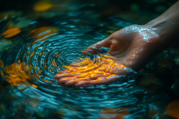 Poster - a close-up of a person's hand touching a water's surface, with ripples distorting their reflection, 