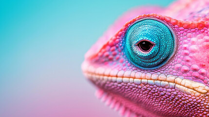 Close-up of a chameleon's eye, showcasing its vibrant blue color.