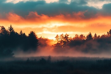 Sticker - Sunrise Over Foggy Forest with Golden Sky