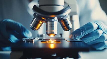 Poster - Close-up of a Microscope Lens with a Gloved Hand in the Foreground
