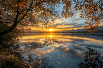 Sticker - Golden Sunset Over Calm Lake with Mountain Silhouette