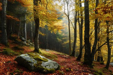 Canvas Print - Sunbeams through the trees in an autumn forest