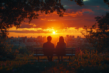 Poster - A young couple sitting on a park bench, holding hands and watching the sunset together, relaxed and content.