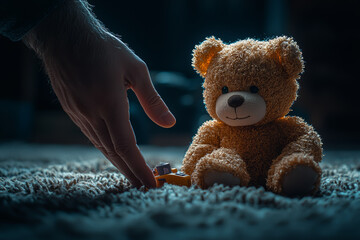 Wall Mural - A parent's hand reaching out to a child, who recoils in fear, with a broken toy lying on the floor between them.