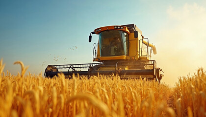 Combine harvester efficiently working in a sun-soaked rice field during harvest season.






