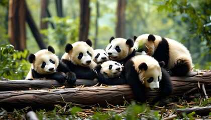 Playful panda cubs lounging on a fallen log amidst a lush forest backdrop