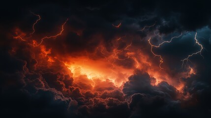 Wall Mural - a dark sky with a stormy atmosphere. the clouds are filled with lightning bolts and the sky is fille