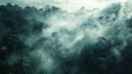 Wall Mural - a dense forest with foggy mist surrounding the trees. the mist creates a mysterious and eerie atmosp