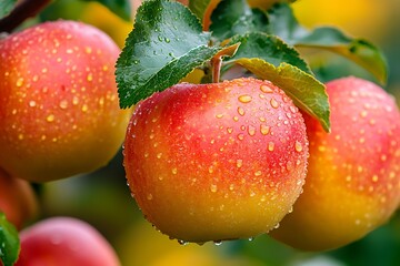 Fresh red and yellow apples on a tree branch with water droplets