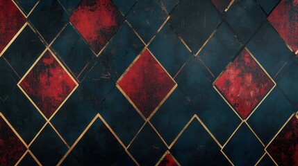 Aufkleber - Blue and red patterned background with gold accents. The pattern is made up of squares and triangles