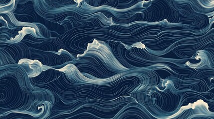 Poster - Blue and white ocean wave pattern with a mountain in the background. The waves are very choppy and the mountain is very tall