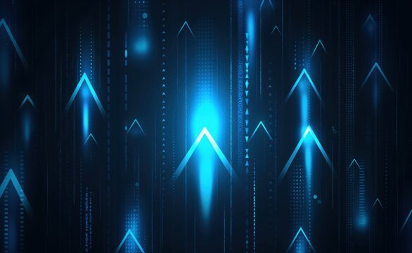Blue background with many arrows pointing upwards. The arrows are in different sizes and are scattered throughout the image. Scene is one of excitement and progress