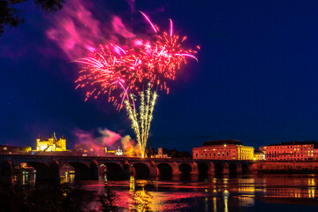 Fireworks on independence day quatorze juillet 14 July, Saumur, France