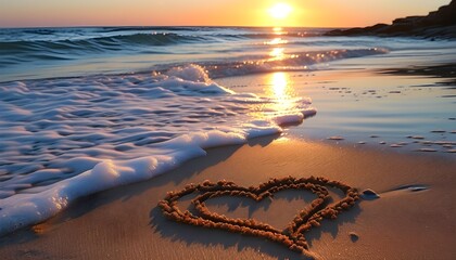 heart shaped sand art on a tranquil beach at sunset with soft waves gently caressing the shore