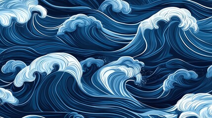 Poster - The image is a blue and white ocean wave with a lot of detail. The waves are very large and the water is choppy. Scene is calm and peaceful, as the waves are not too rough