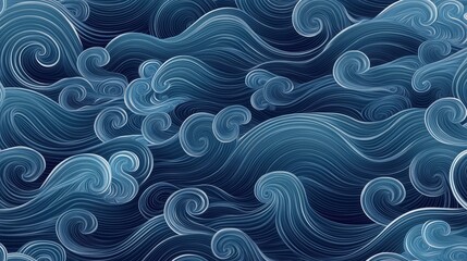 Poster - The image is a blue and white wave pattern that is very detailed and has a lot of texture. The waves are very large and seem to be crashing against each other