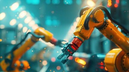 Poster - Two robotic arms are shown in a factory setting, with one arm holding a red object. The scene is set in a dark, industrial environment with bright lights illuminating the area