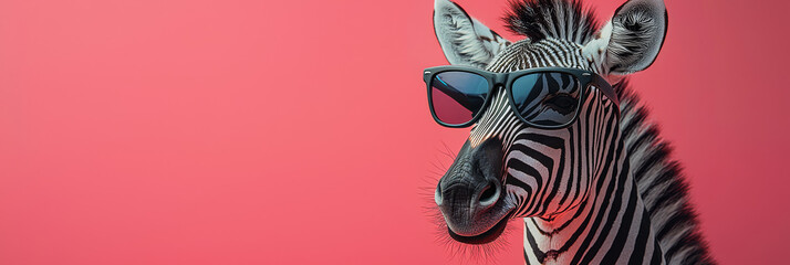 Canvas Print - Cool zebra wearing sunglasses against a pink background.